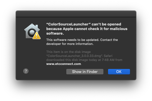 "ColorSourceLauncher" can't be opened because Apple cannot check it for malicious software.